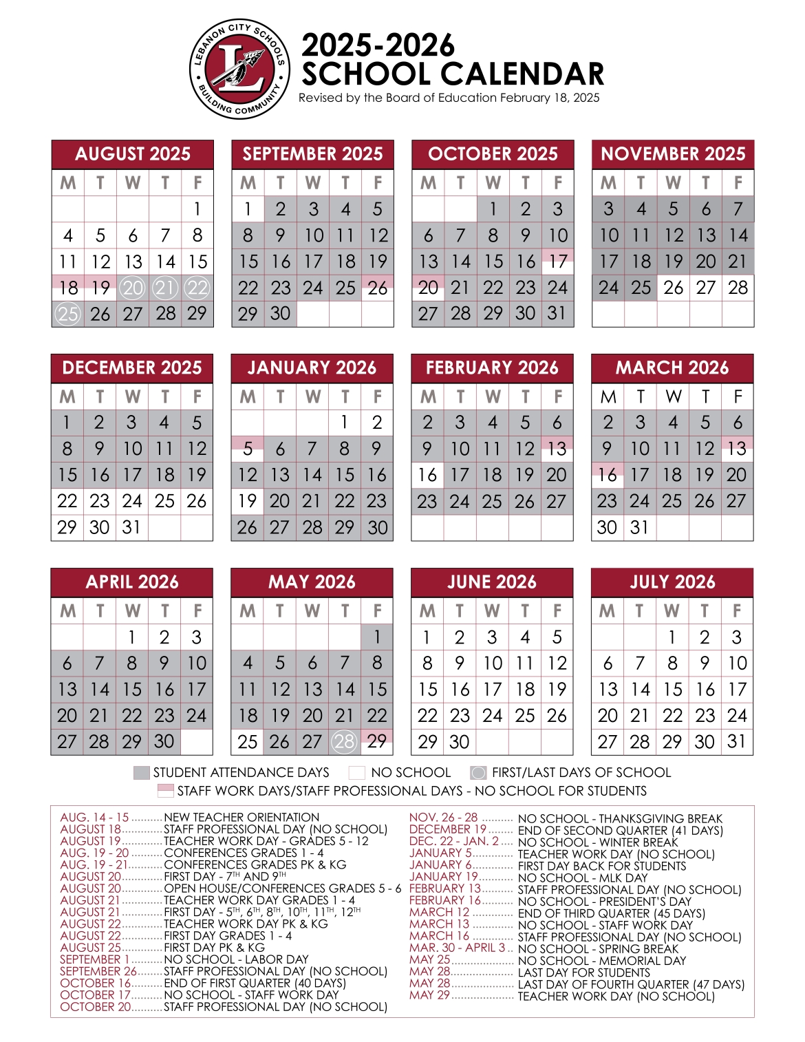 Revised 2025-2026 School Calendar